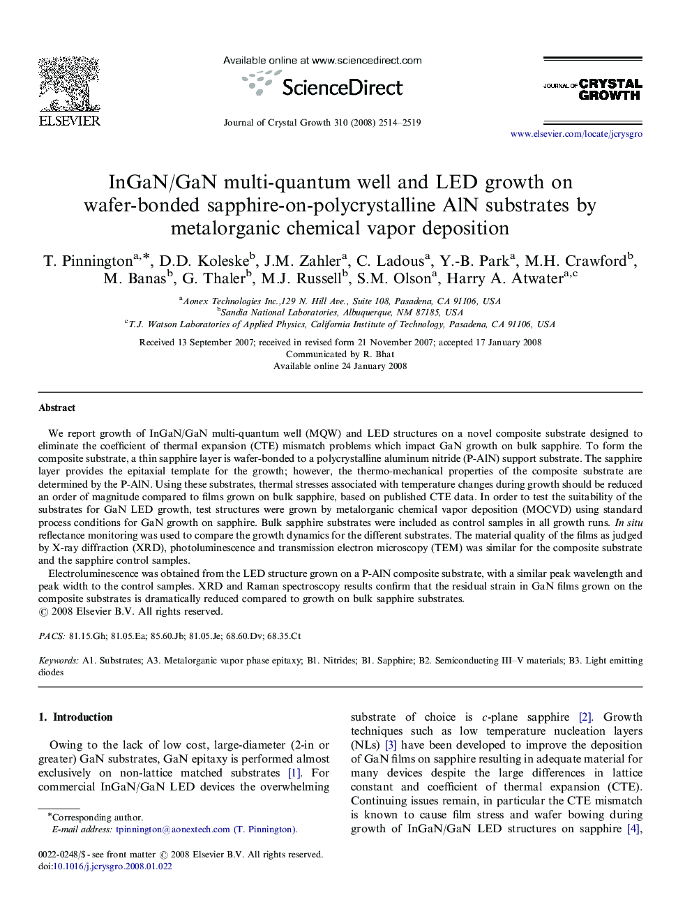 InGaN/GaN multi-quantum well and LED growth on wafer-bonded sapphire-on-polycrystalline AlN substrates by metalorganic chemical vapor deposition