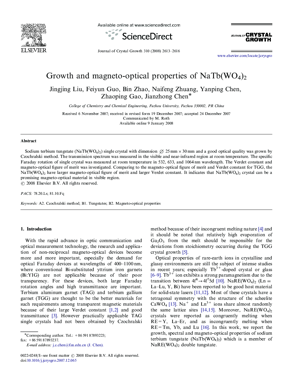 Growth and magneto-optical properties of NaTb(WO4)2