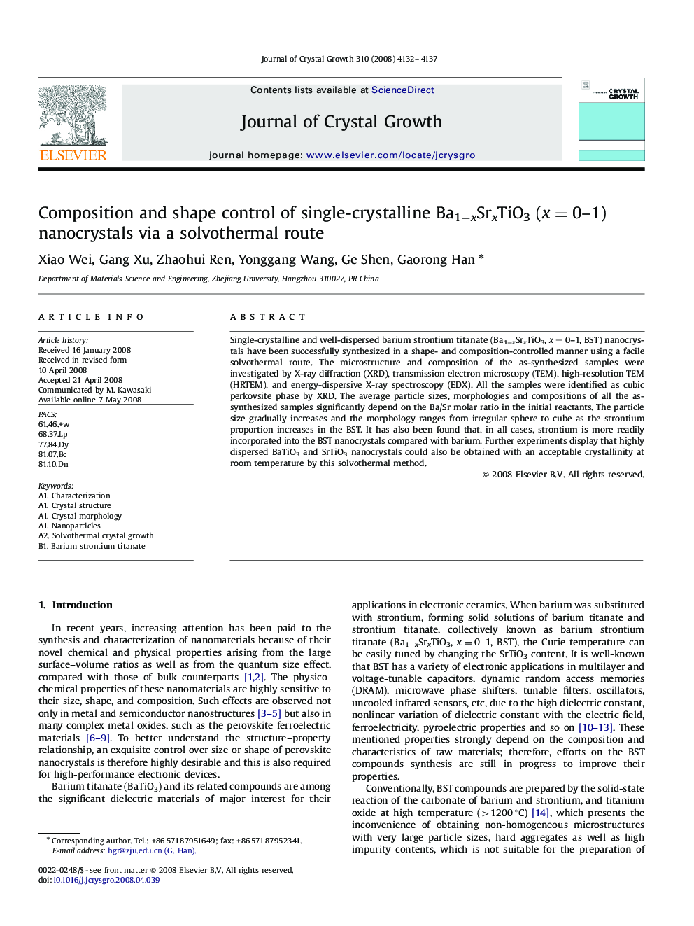 Composition and shape control of single-crystalline Ba1−xSrxTiO3 (x=0–1) nanocrystals via a solvothermal route