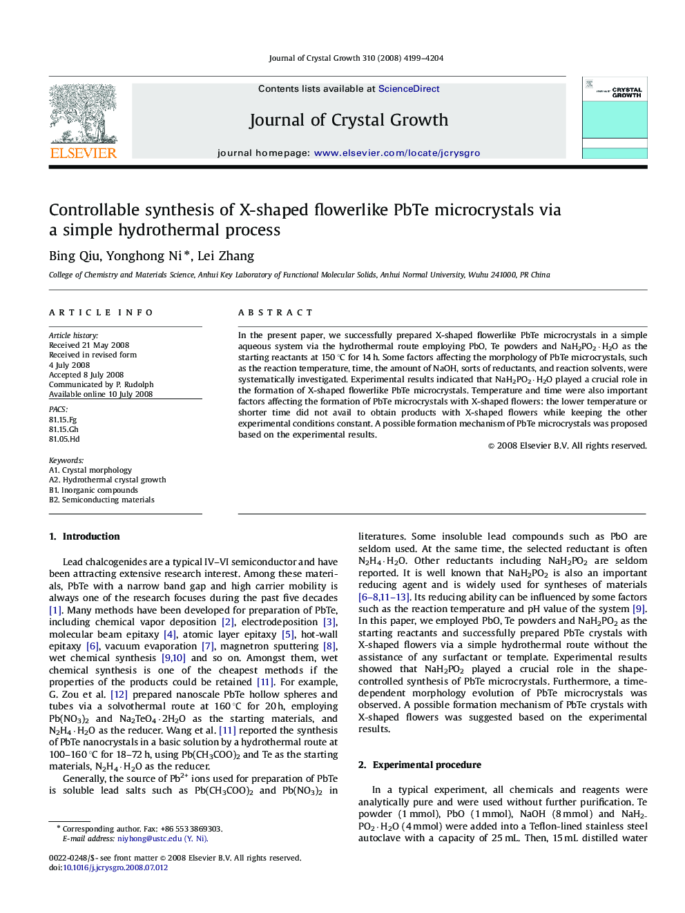 Controllable synthesis of X-shaped flowerlike PbTe microcrystals via a simple hydrothermal process