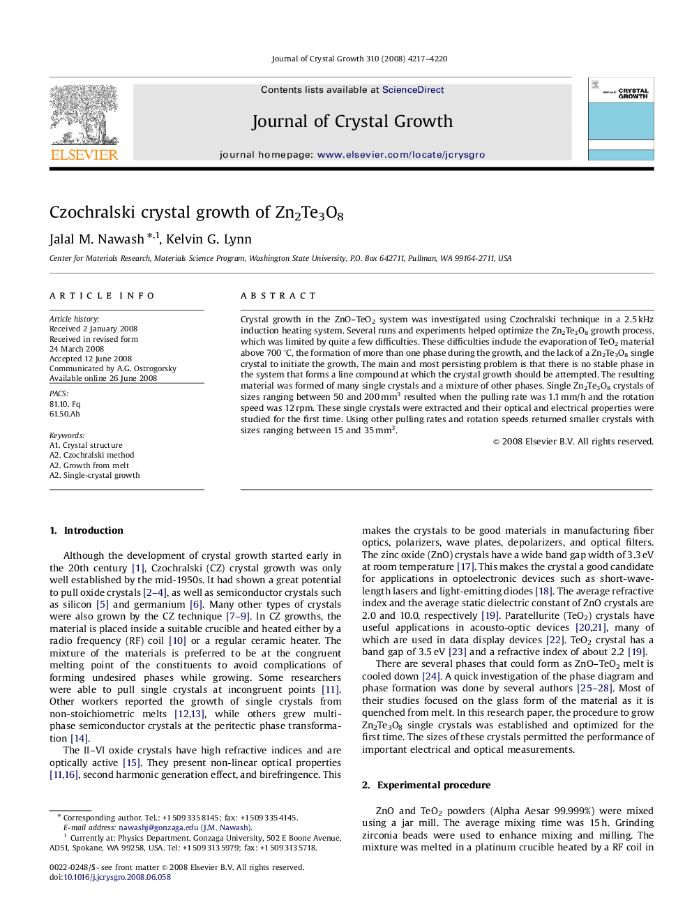 Czochralski crystal growth of Zn2Te3O8