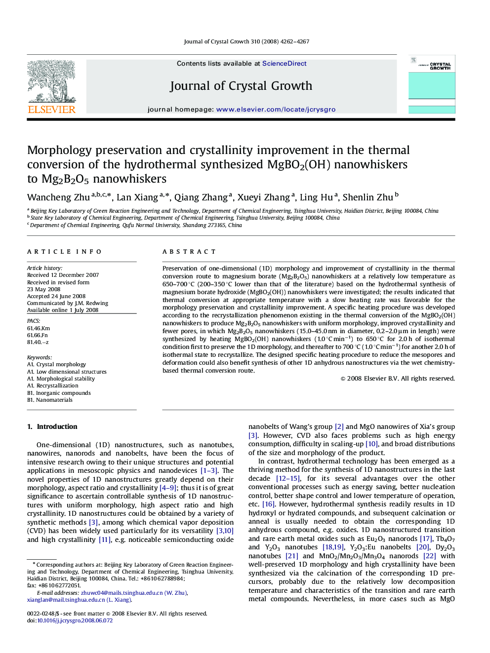 Morphology preservation and crystallinity improvement in the thermal conversion of the hydrothermal synthesized MgBO2(OH) nanowhiskers to Mg2B2O5 nanowhiskers