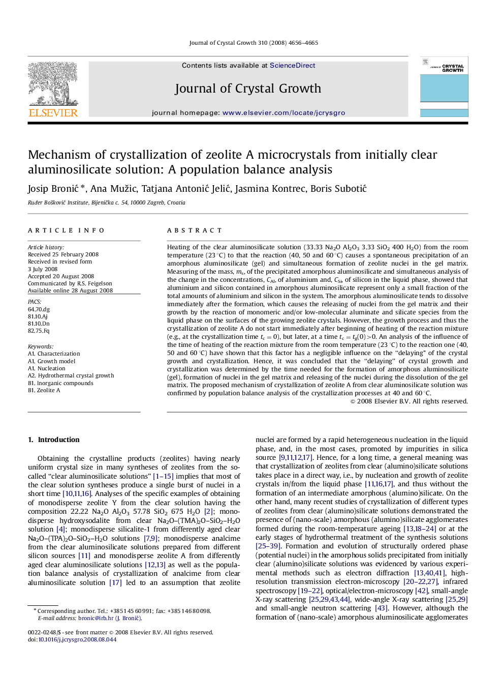 Mechanism of crystallization of zeolite A microcrystals from initially clear aluminosilicate solution: A population balance analysis