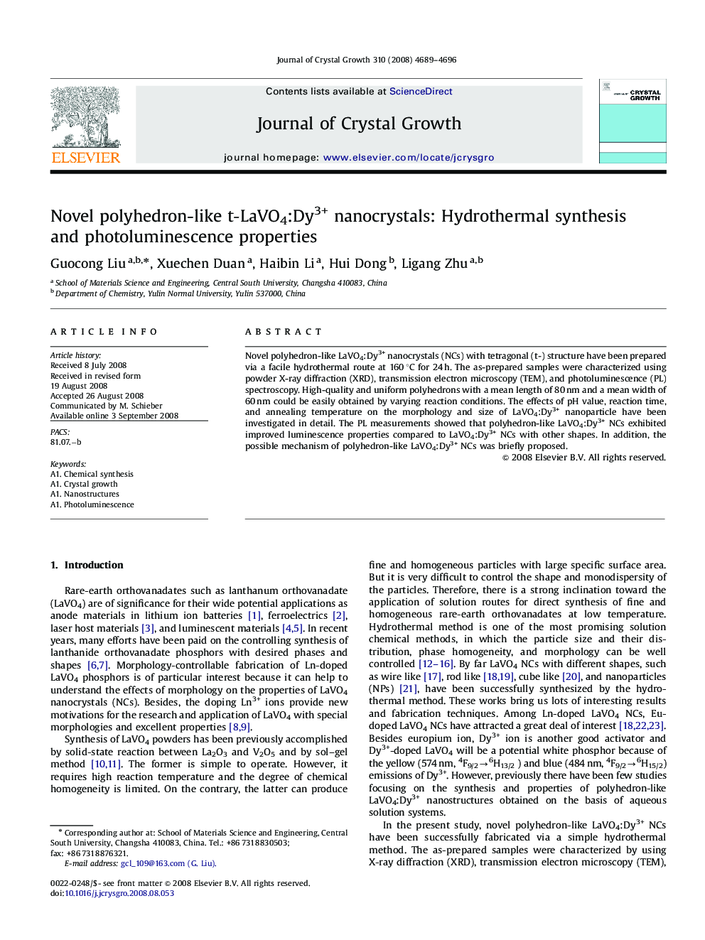 Novel polyhedron-like t-LaVO4:Dy3+ nanocrystals: Hydrothermal synthesis and photoluminescence properties