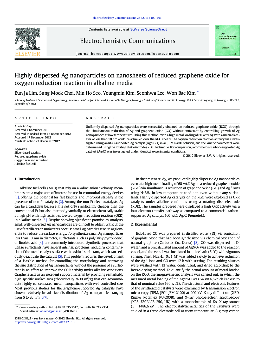 Highly dispersed Ag nanoparticles on nanosheets of reduced graphene oxide for oxygen reduction reaction in alkaline media