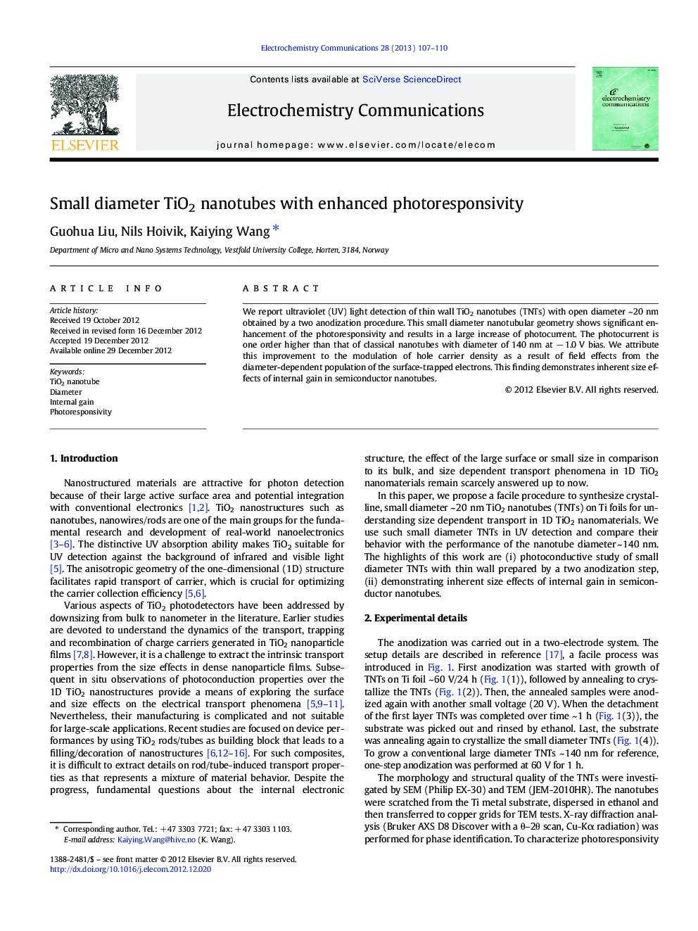 Small diameter TiO2 nanotubes with enhanced photoresponsivity