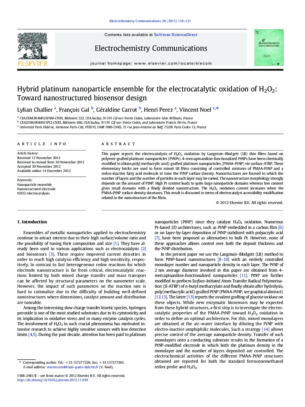 Hybrid platinum nanoparticle ensemble for the electrocatalytic oxidation of H2O2: Toward nanostructured biosensor design