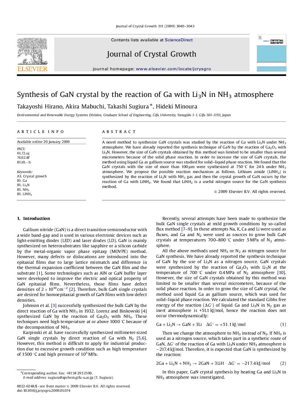 Synthesis of GaN crystal by the reaction of Ga with Li3N in NH3 atmosphere