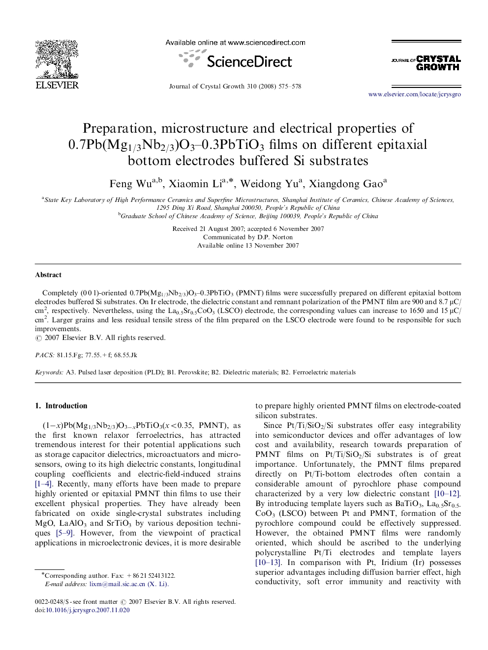 Preparation, microstructure and electrical properties of 0.7Pb(Mg1/3Nb2/3)O3-0.3PbTiO3 films on different epitaxial bottom electrodes buffered Si substrates