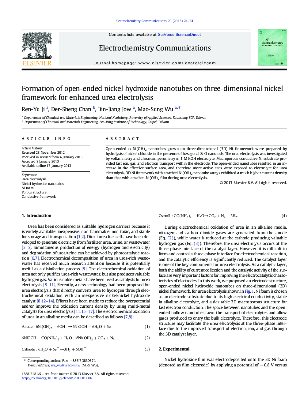 Formation of open-ended nickel hydroxide nanotubes on three-dimensional nickel framework for enhanced urea electrolysis