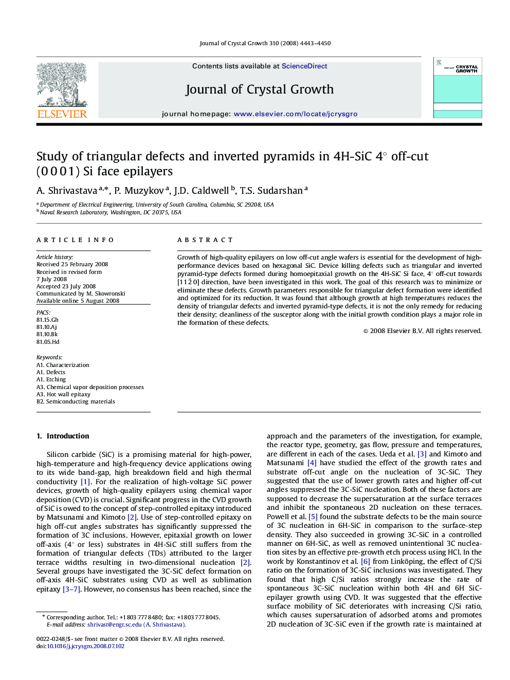 Study of triangular defects and inverted pyramids in 4H-SiC 4Â° off-cut (0Â 0Â 0Â 1) Si face epilayers