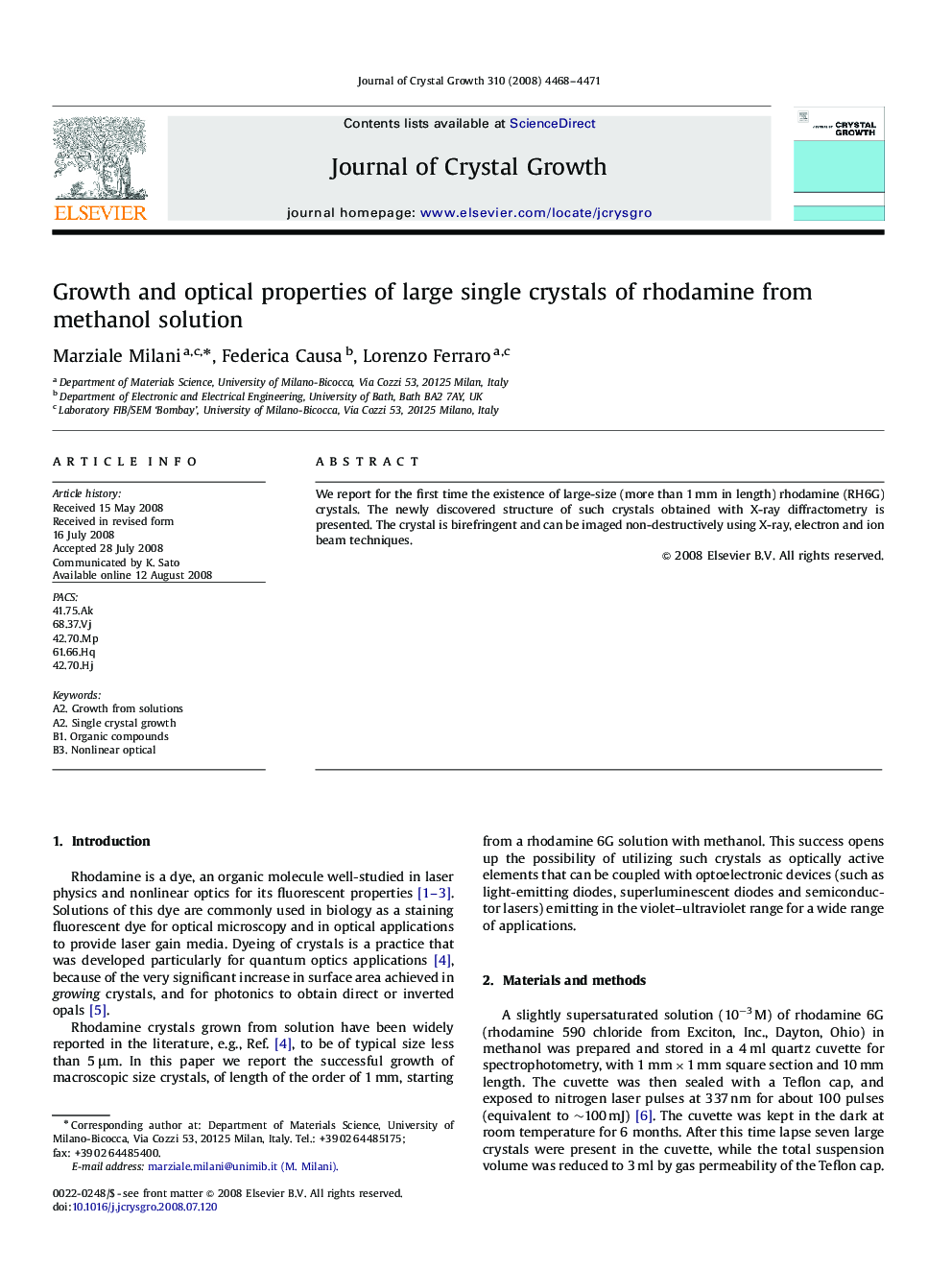 Growth and optical properties of large single crystals of rhodamine from methanol solution