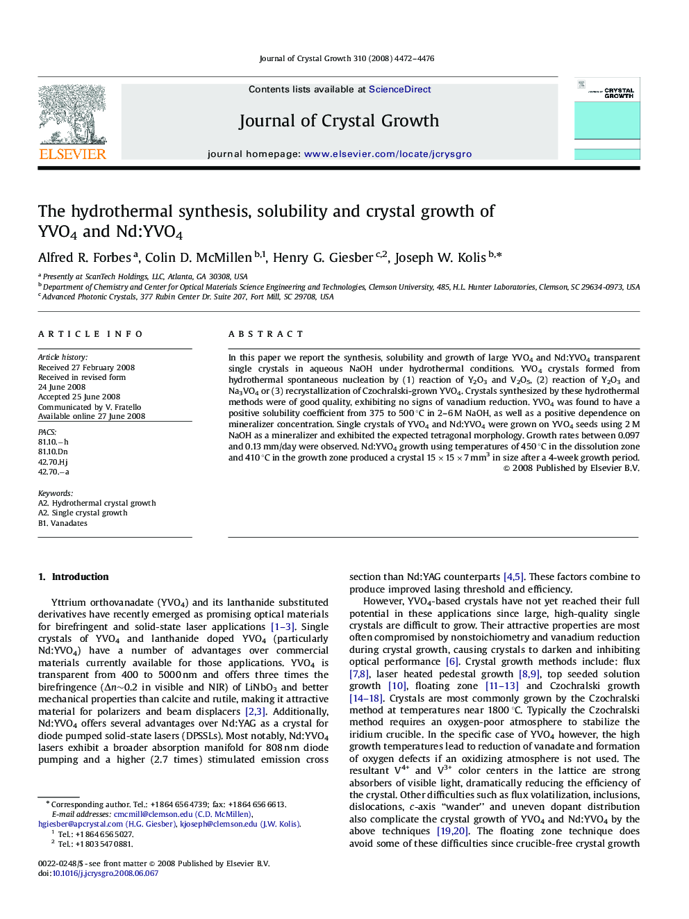 The hydrothermal synthesis, solubility and crystal growth of YVO4 and Nd:YVO4