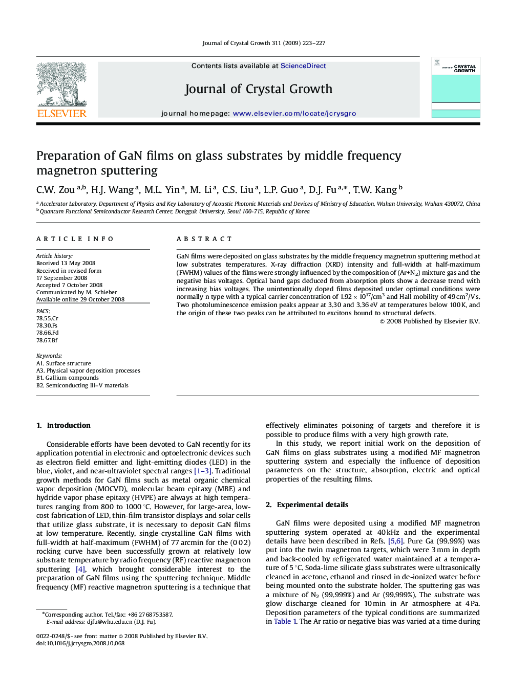 Preparation of GaN films on glass substrates by middle frequency magnetron sputtering