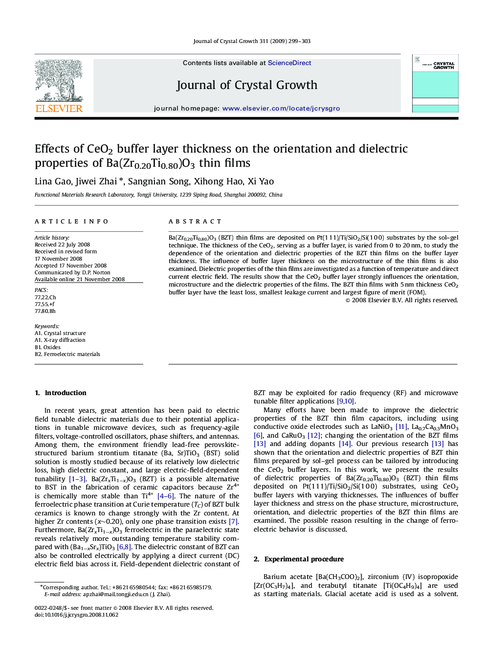 Effects of CeO2 buffer layer thickness on the orientation and dielectric properties of Ba(Zr0.20Ti0.80)O3 thin films