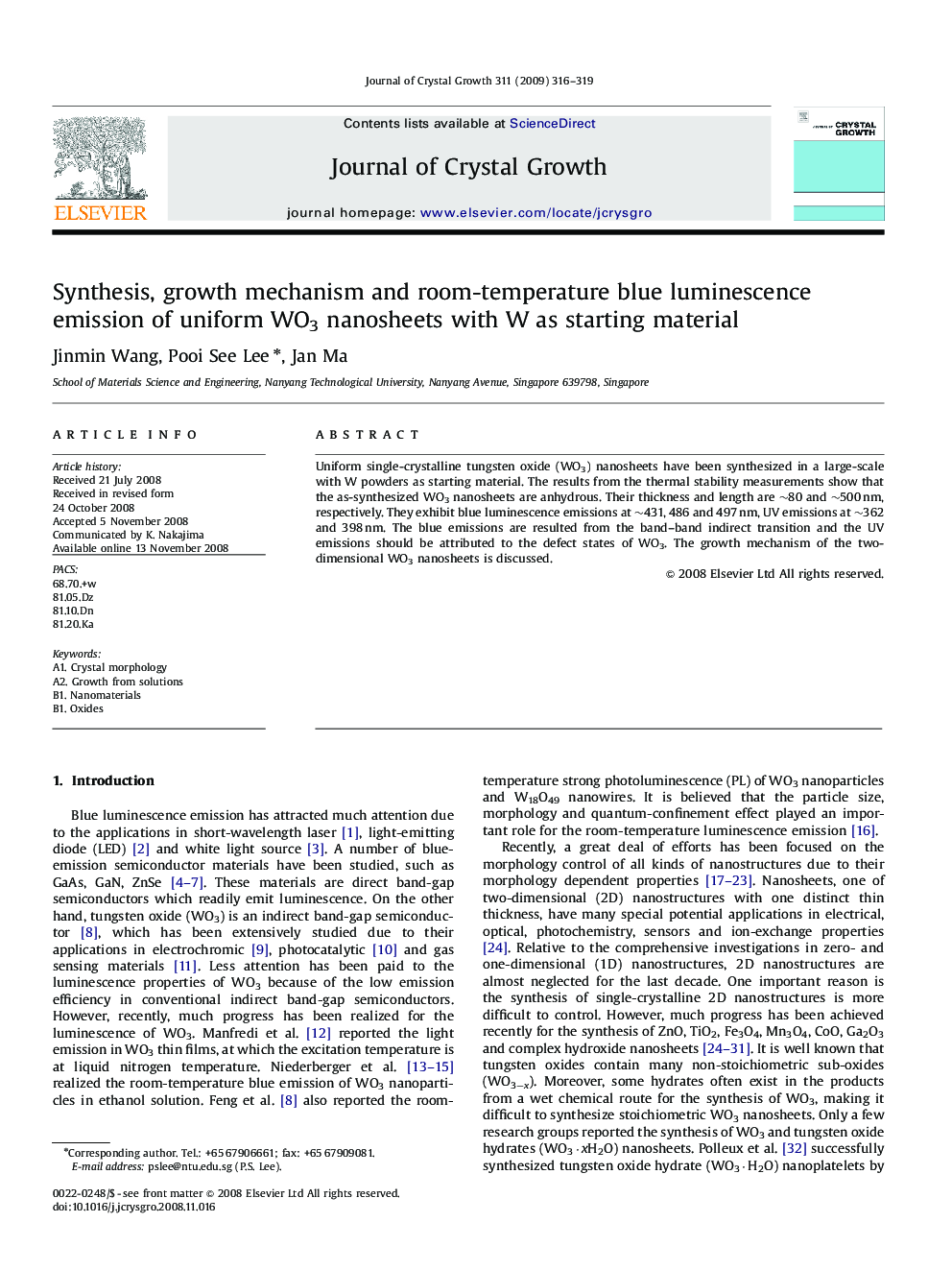 Synthesis, growth mechanism and room-temperature blue luminescence emission of uniform WO3 nanosheets with W as starting material