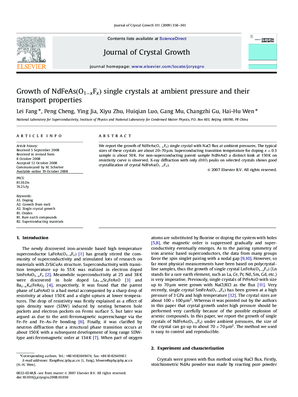 Growth of NdFeAs(O1−xFx)NdFeAs(O1−xFx) single crystals at ambient pressure and their transport properties