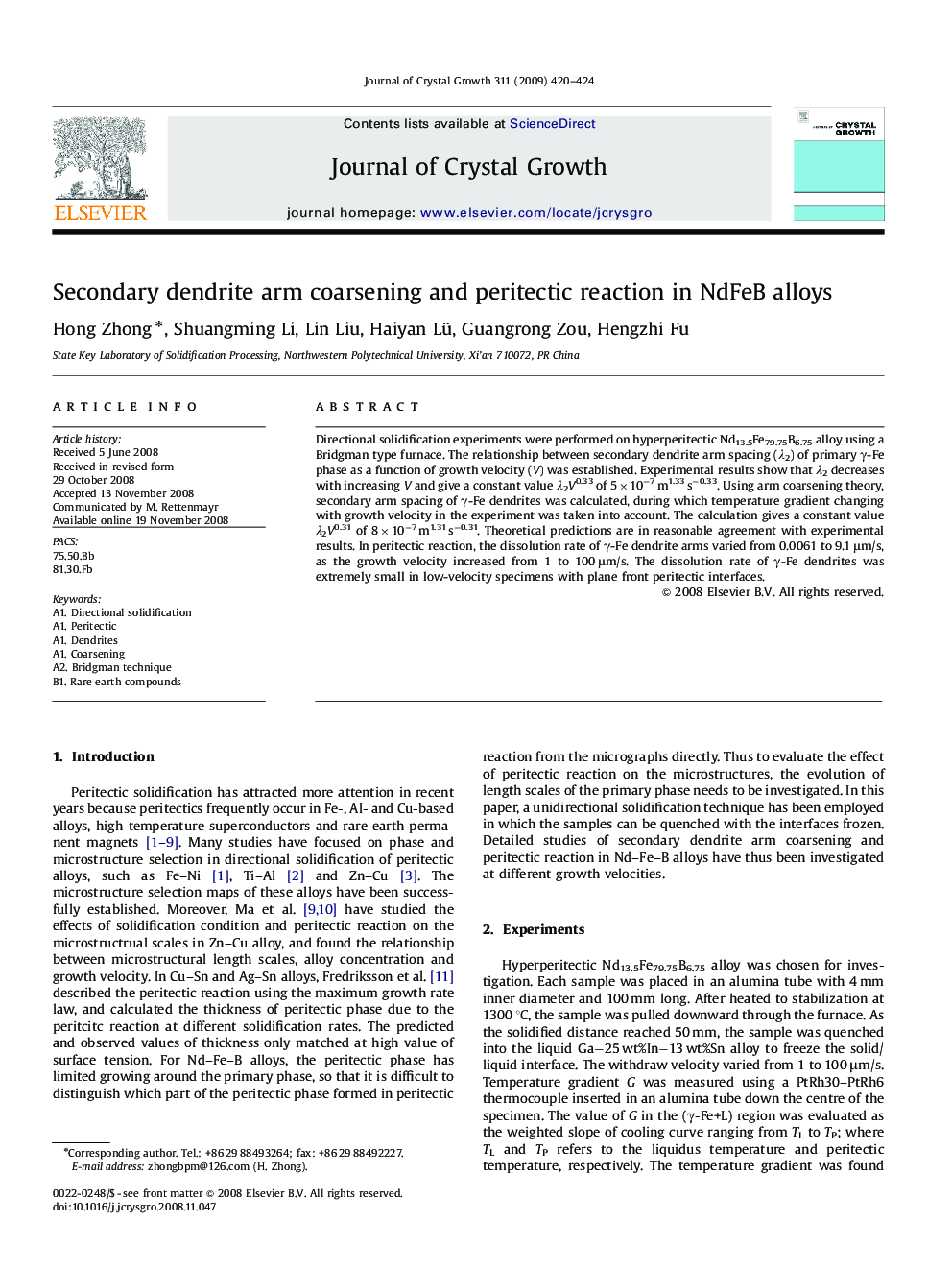 Secondary dendrite arm coarsening and peritectic reaction in NdFeB alloys