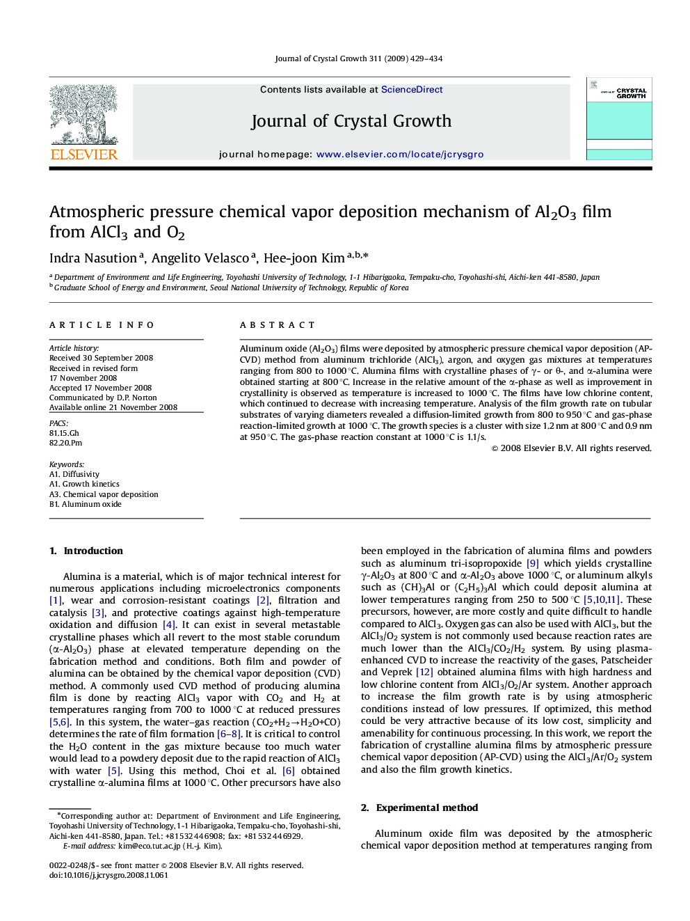 Atmospheric pressure chemical vapor deposition mechanism of Al2O3 film from AlCl3 and O2