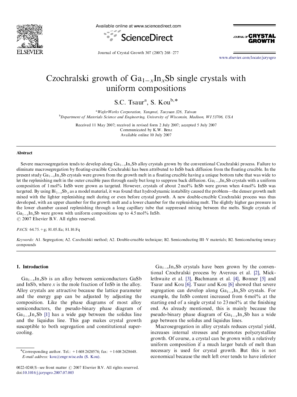 Czochralski growth of Ga1âxInxSb single crystals with uniform compositions