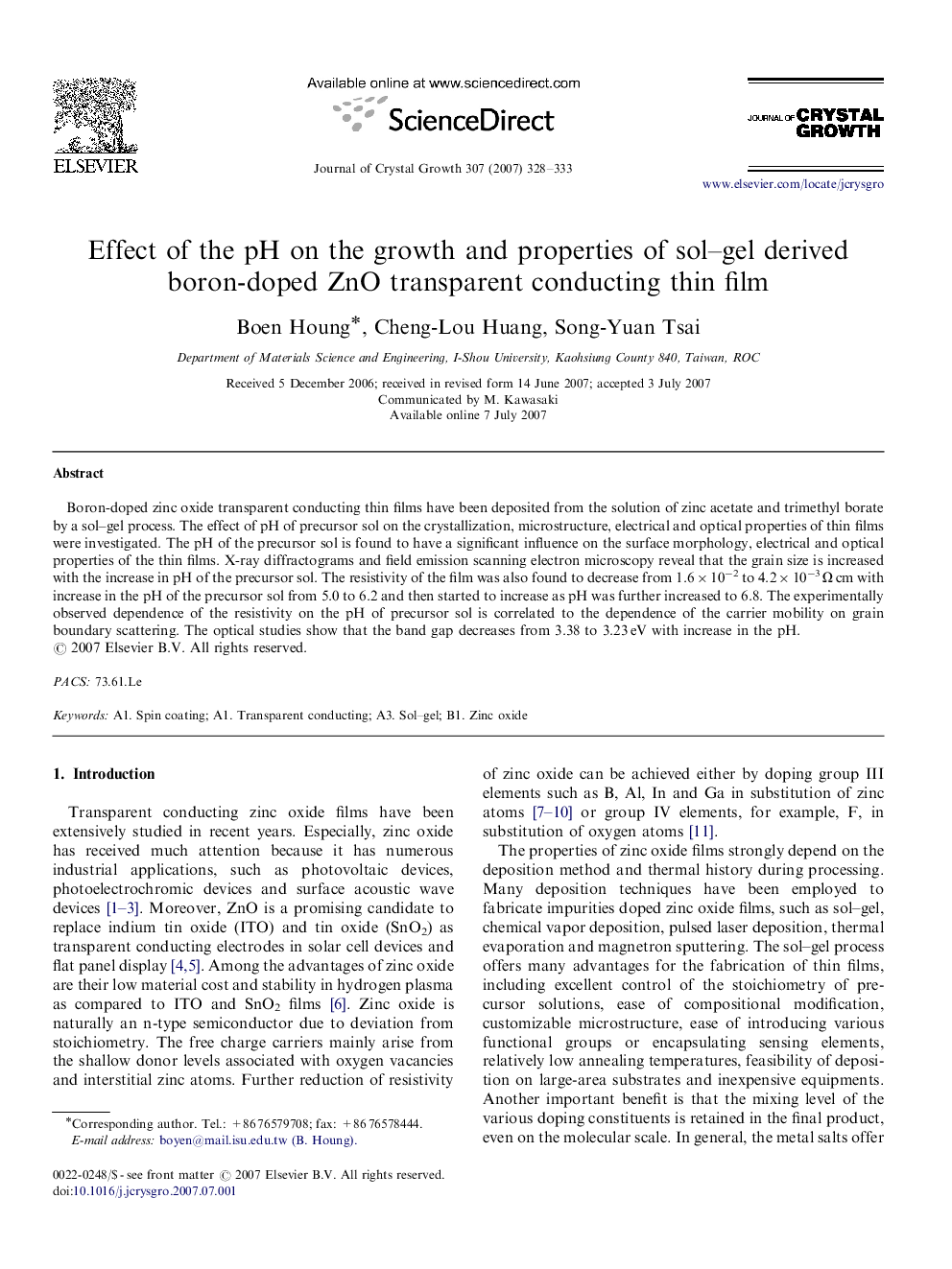 Effect of the pH on the growth and properties of sol–gel derived boron-doped ZnO transparent conducting thin film