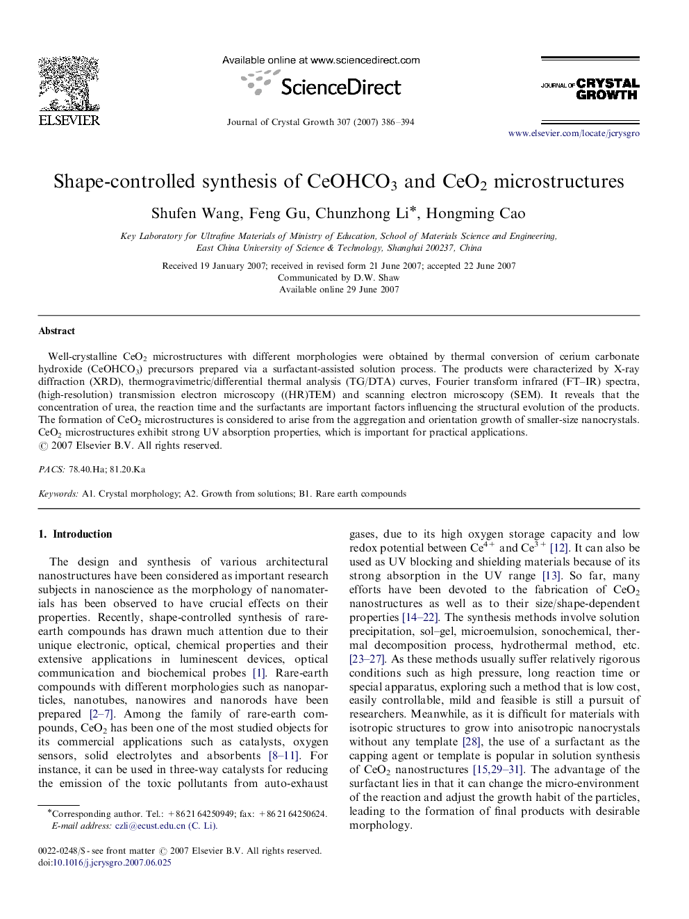 Shape-controlled synthesis of CeOHCO3 and CeO2 microstructures