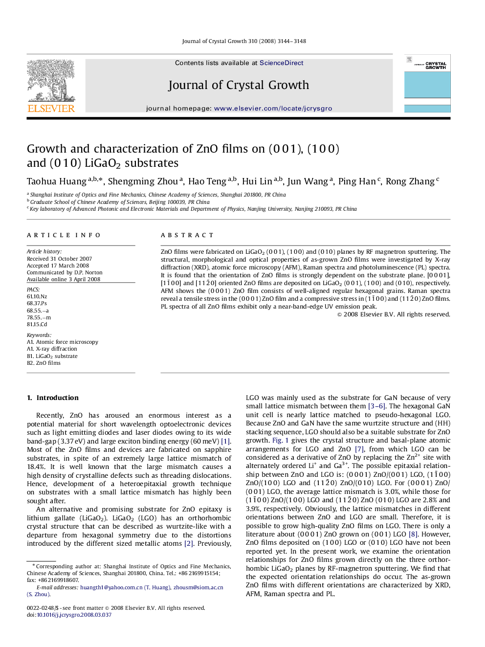 Growth and characterization of ZnO films on (0 0 1), (1 0 0) and (0 1 0) LiGaO2 substrates