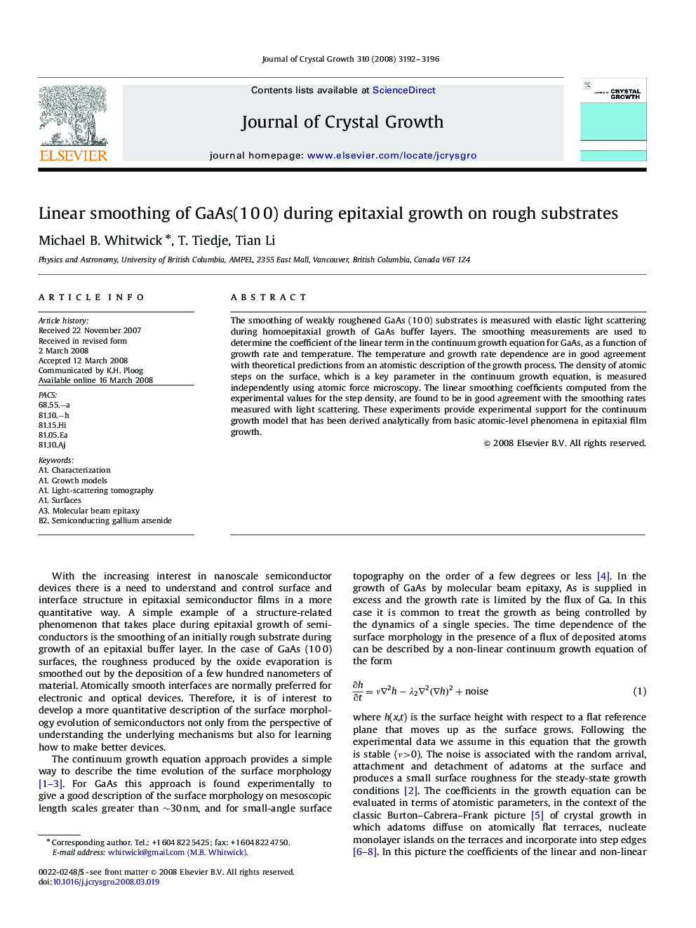 Linear smoothing of GaAs(1 0 0) during epitaxial growth on rough substrates