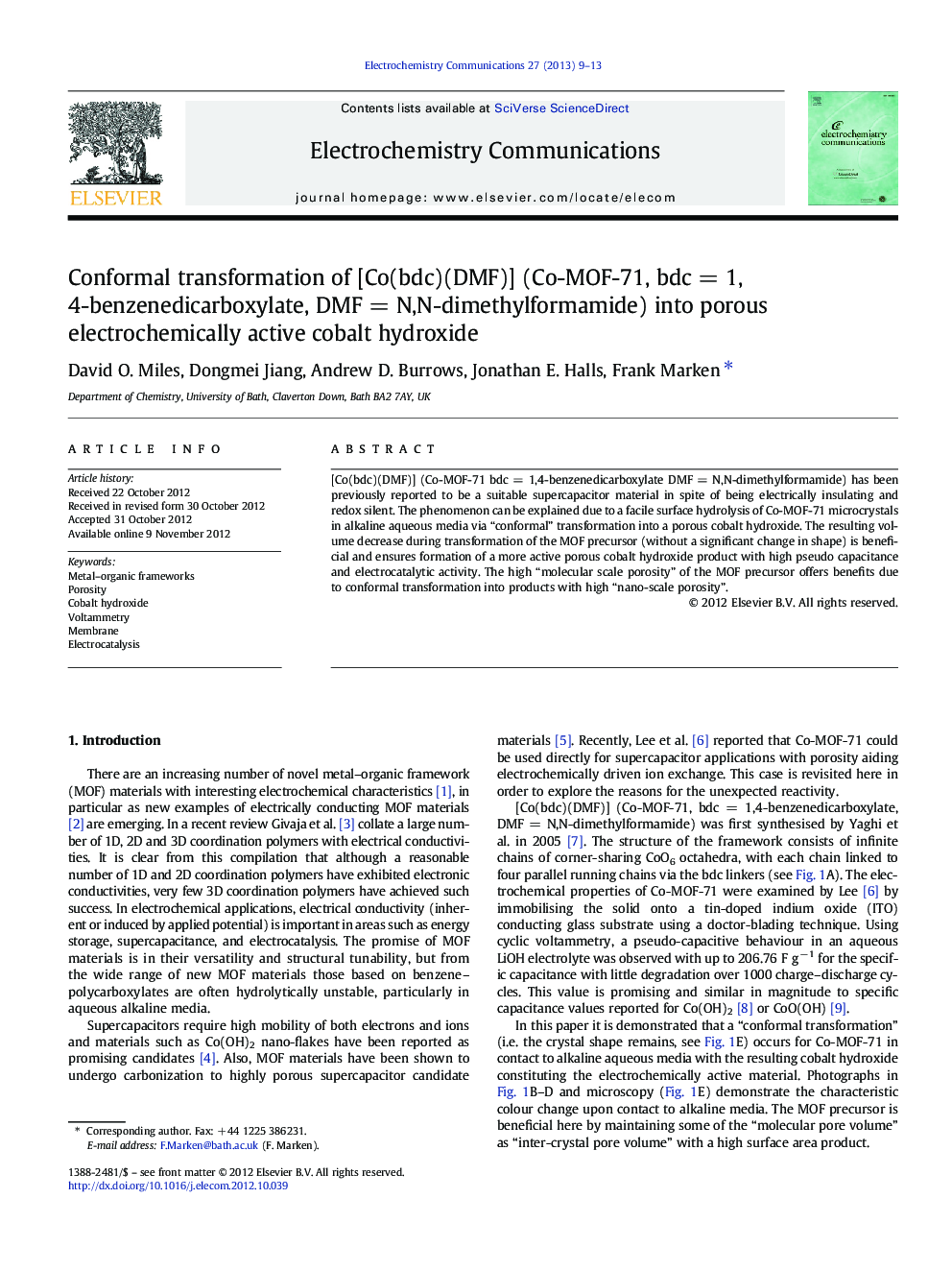 Conformal transformation of [Co(bdc)(DMF)] (Co-MOF-71, bdc = 1,4-benzenedicarboxylate, DMF = N,N-dimethylformamide) into porous electrochemically active cobalt hydroxide