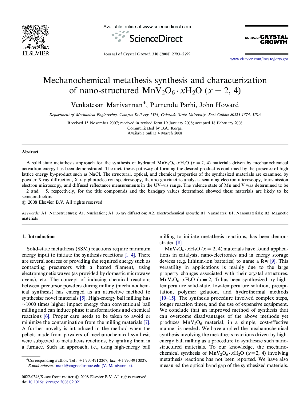 Mechanochemical metathesis synthesis and characterization of nano-structured MnV2O6·xH2O (x=2, 4)