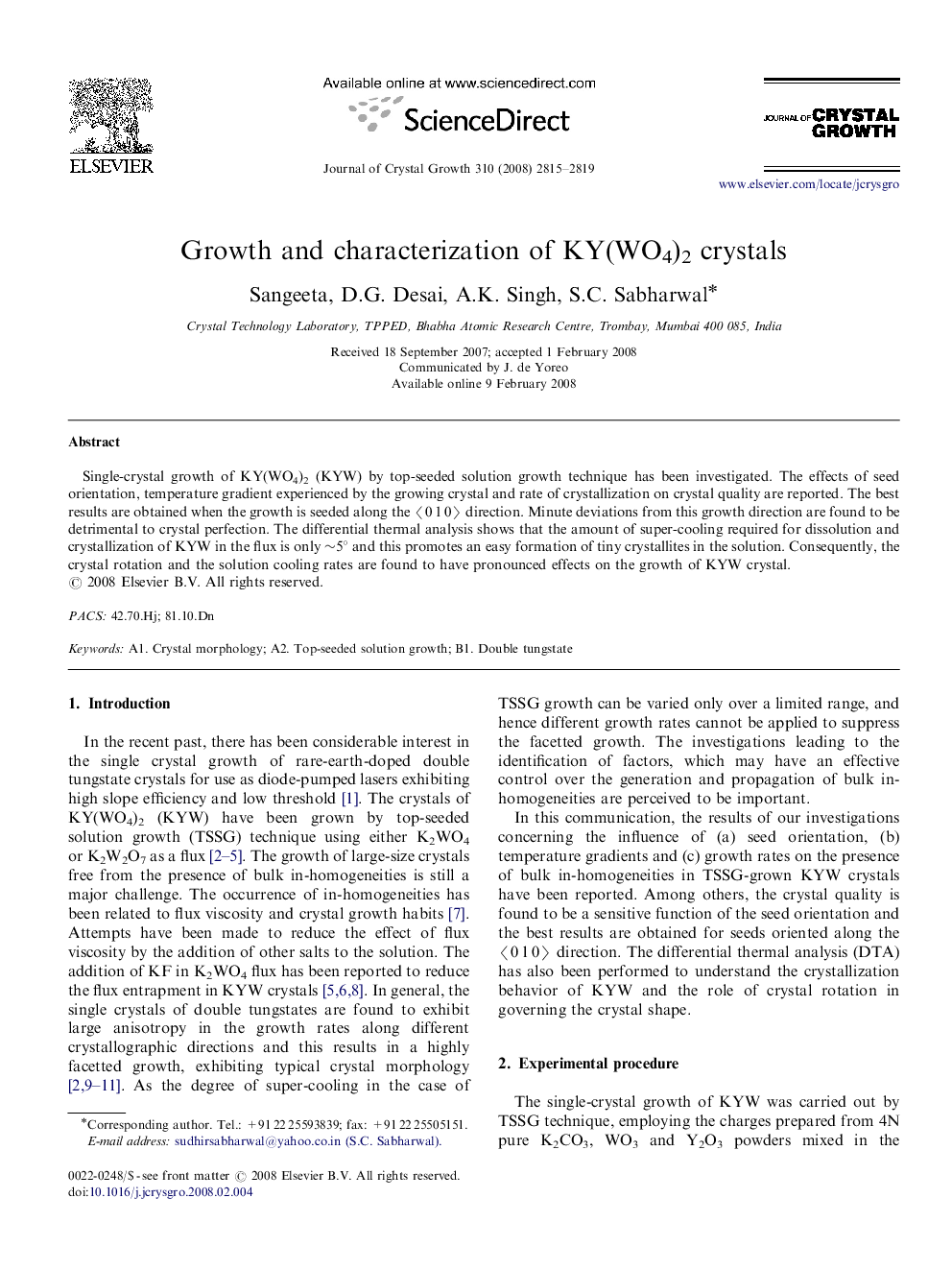 Growth and characterization of KY(WO4)2 crystals