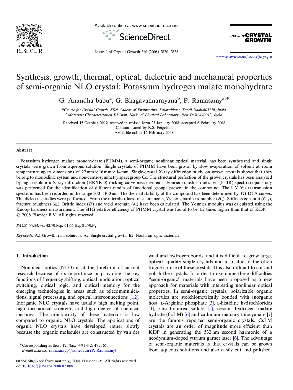 Synthesis, growth, thermal, optical, dielectric and mechanical properties of semi-organic NLO crystal: Potassium hydrogen malate monohydrate