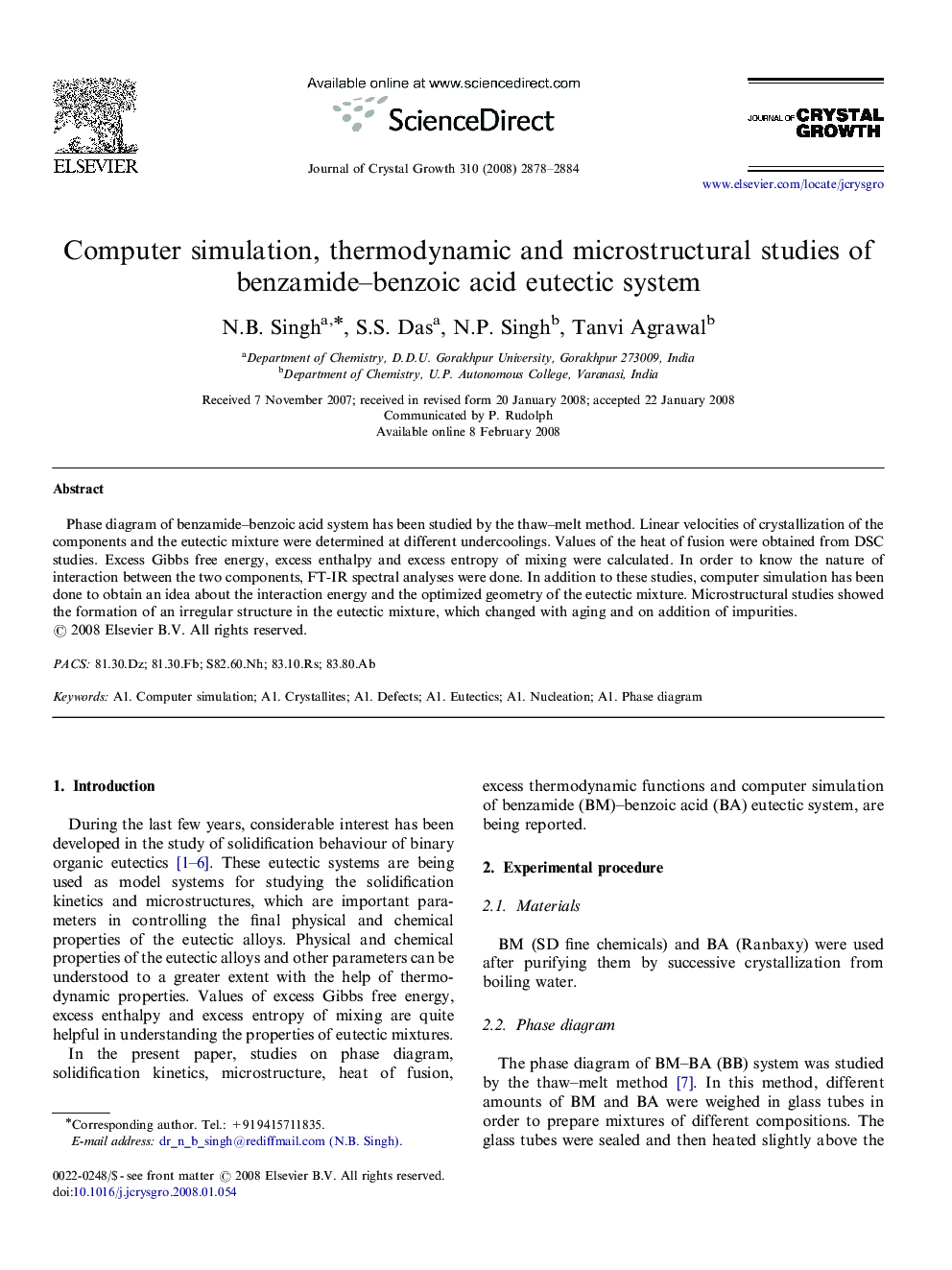 Computer simulation, thermodynamic and microstructural studies of benzamide–benzoic acid eutectic system