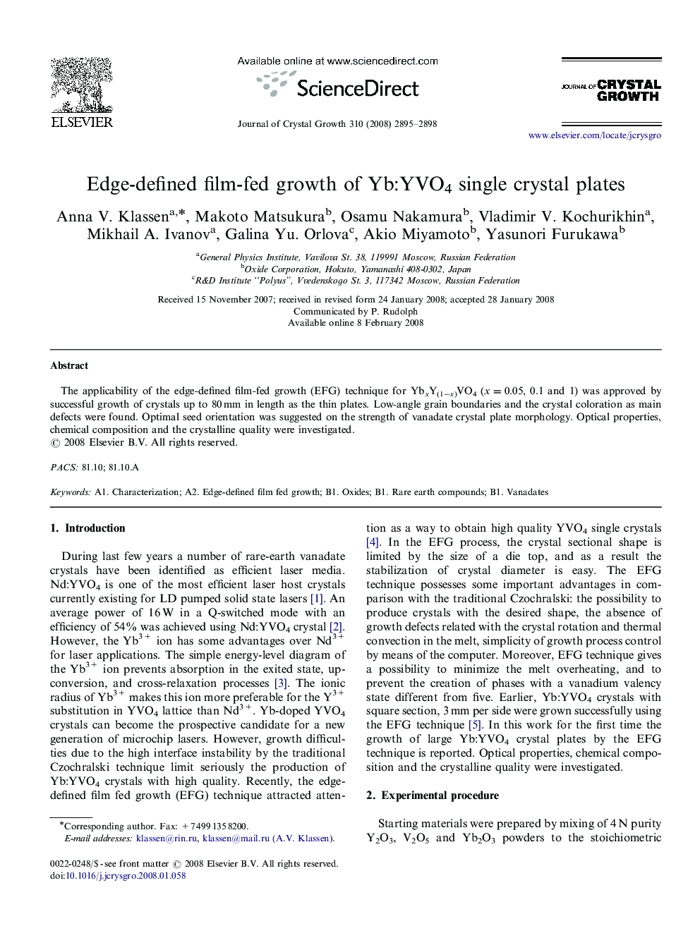 Edge-defined film-fed growth of Yb:YVO4 single crystal plates