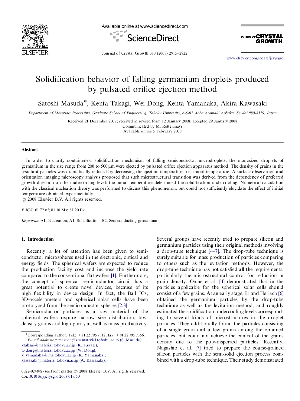 Solidification behavior of falling germanium droplets produced by pulsated orifice ejection method