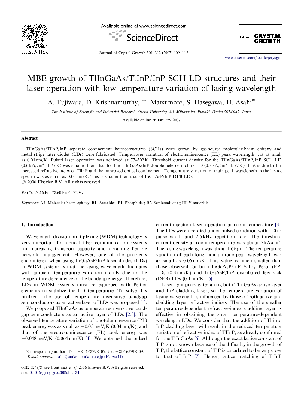 MBE growth of TlInGaAs/TlInP/InP SCH LD structures and their laser operation with low-temperature variation of lasing wavelength