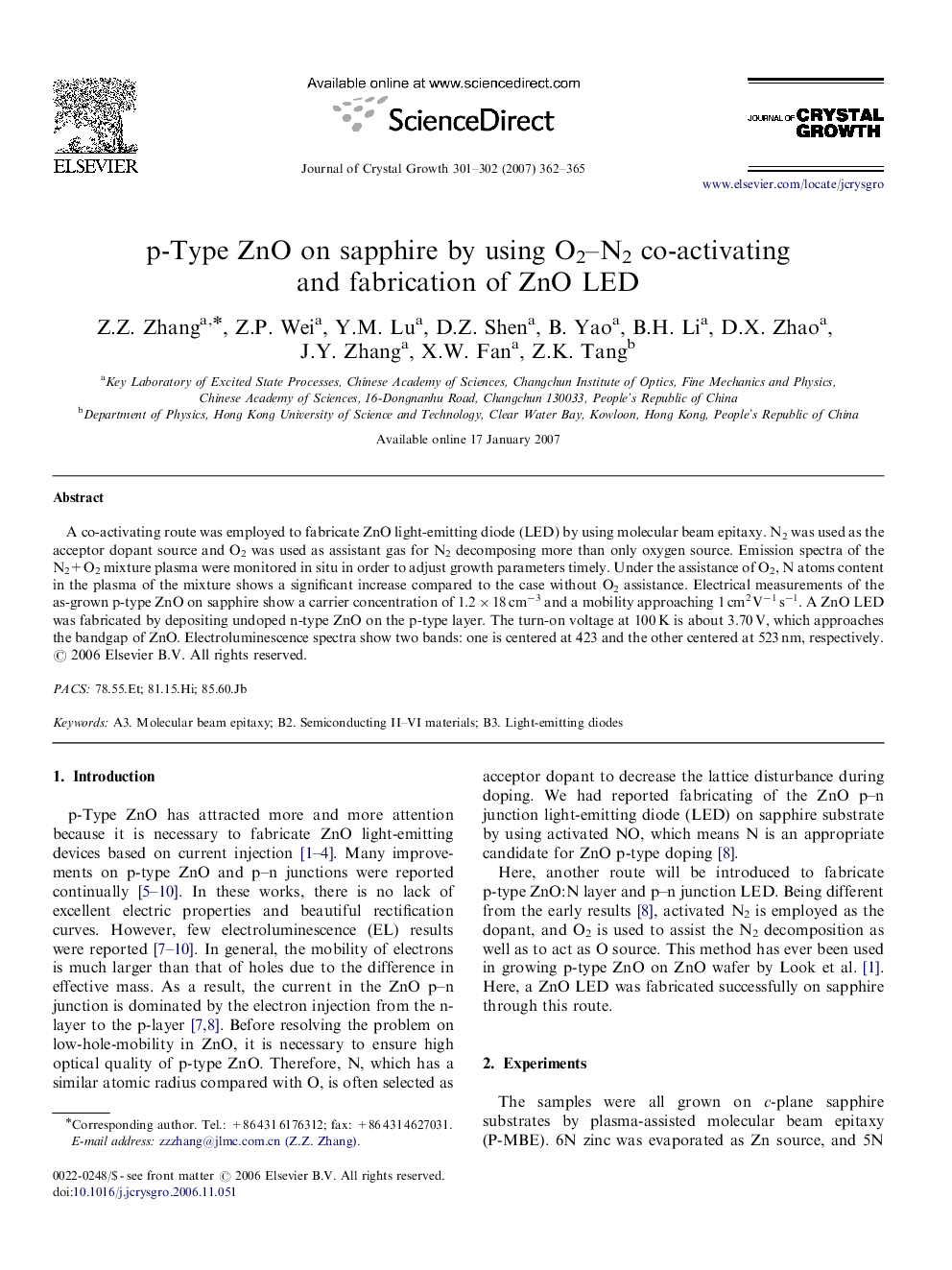 p-Type ZnO on sapphire by using O2-N2 co-activating and fabrication of ZnO LED