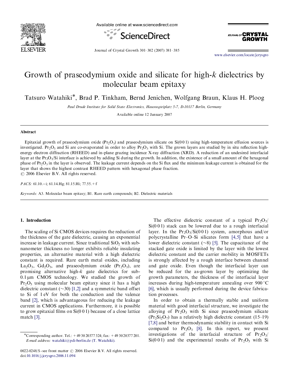 Growth of praseodymium oxide and silicate for high-k dielectrics by molecular beam epitaxy