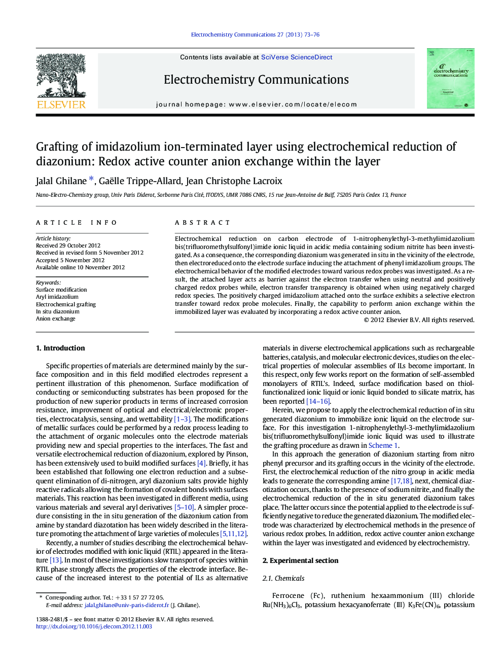 Grafting of imidazolium ion-terminated layer using electrochemical reduction of diazonium: Redox active counter anion exchange within the layer