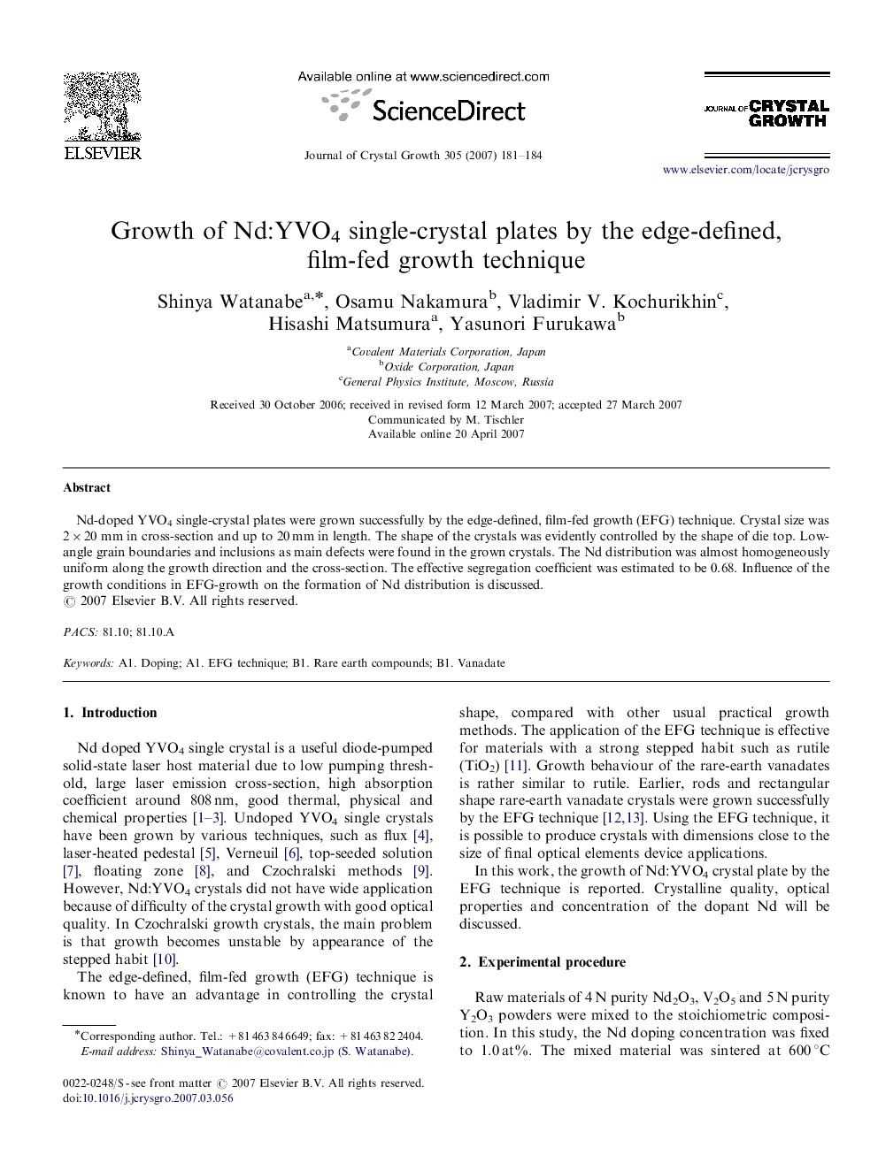 Growth of Nd:YVO4 single-crystal plates by the edge-defined, film-fed growth technique