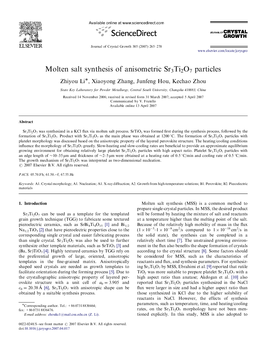 Molten salt synthesis of anisometric Sr3Ti2O7 particles