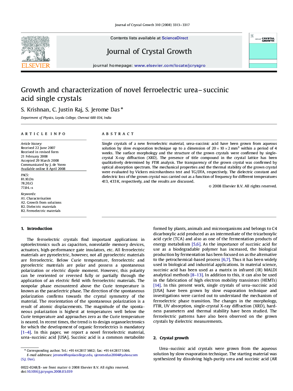 Growth and characterization of novel ferroelectric urea-succinic acid single crystals