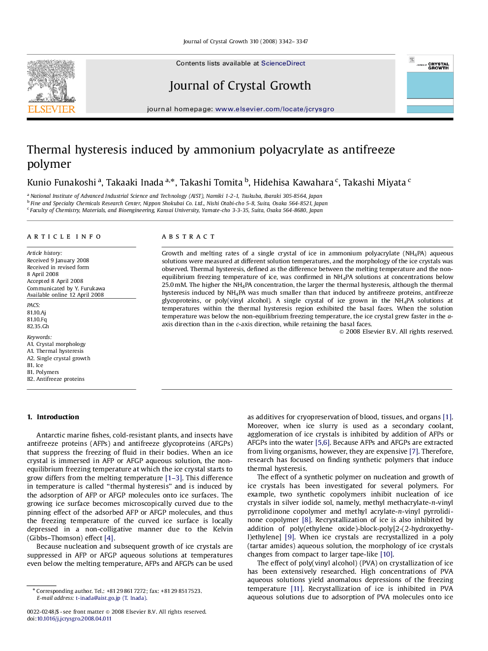 Thermal hysteresis induced by ammonium polyacrylate as antifreeze polymer