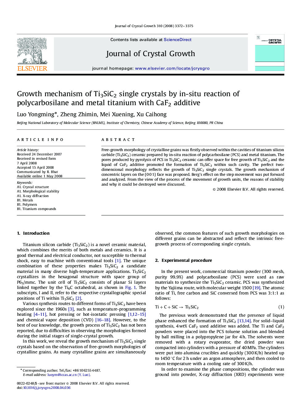 Growth mechanism of Ti3SiC2 single crystals by in-situ reaction of polycarbosilane and metal titanium with CaF2 additive