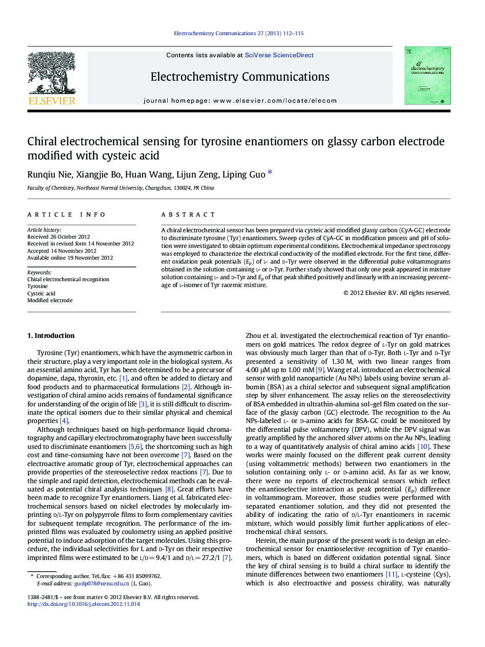 Chiral electrochemical sensing for tyrosine enantiomers on glassy carbon electrode modified with cysteic acid