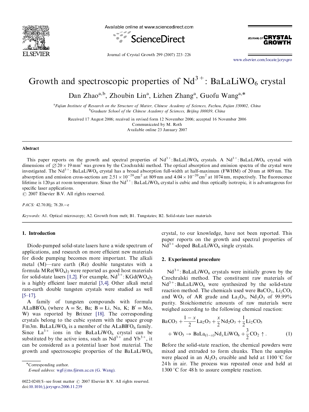 Growth and spectroscopic properties of Nd3+: BaLaLiWO6 crystal