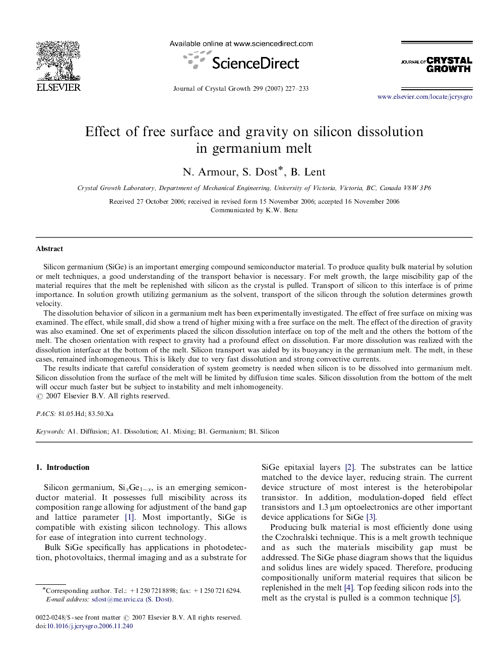 Effect of free surface and gravity on silicon dissolution in germanium melt