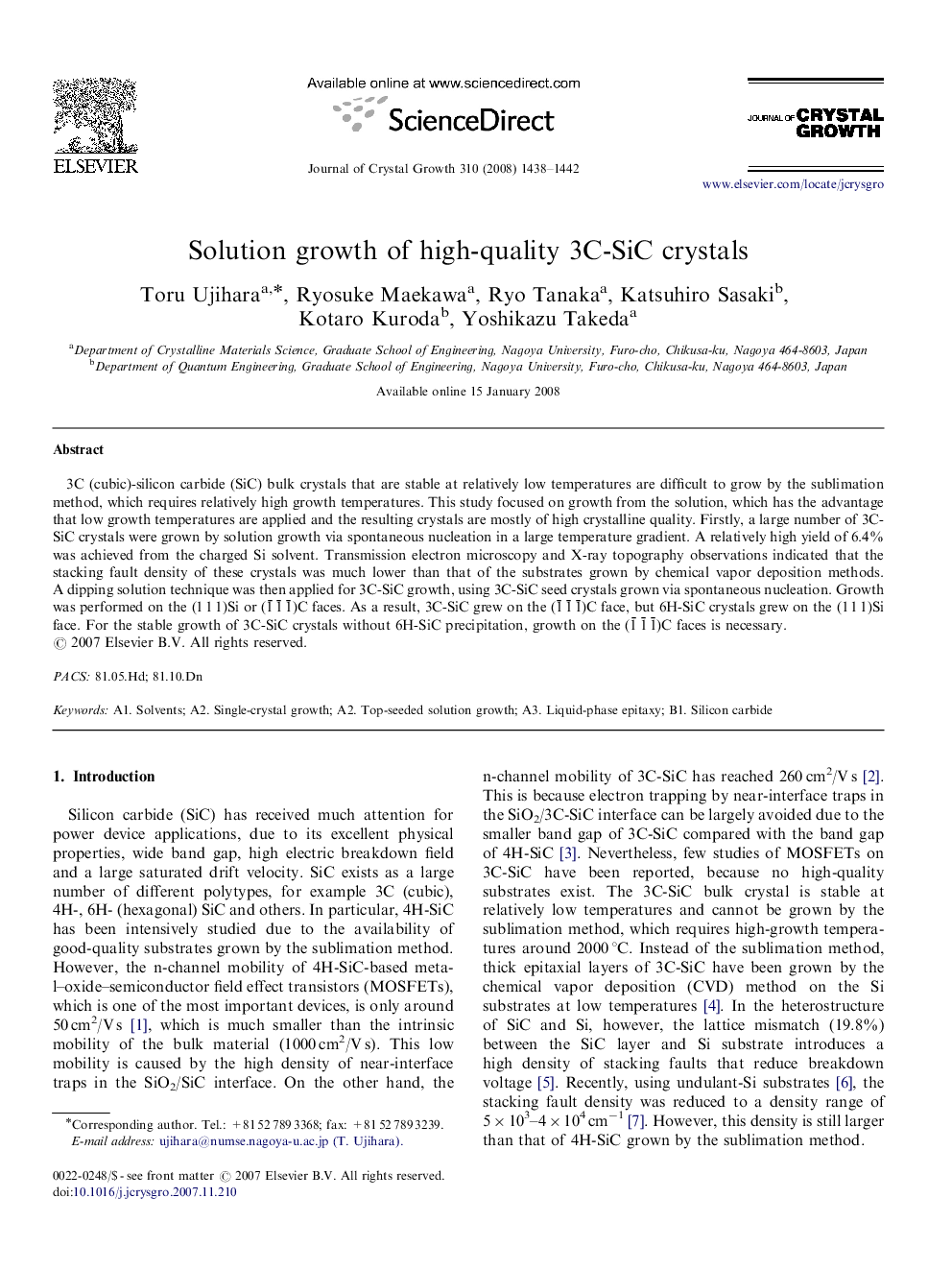 Solution growth of high-quality 3C-SiC crystals