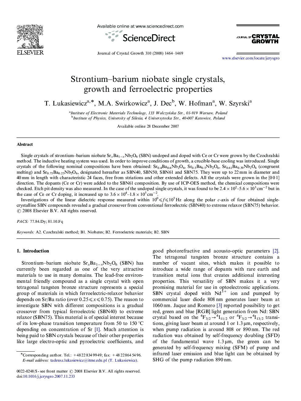 Strontium–barium niobate single crystals, growth and ferroelectric properties