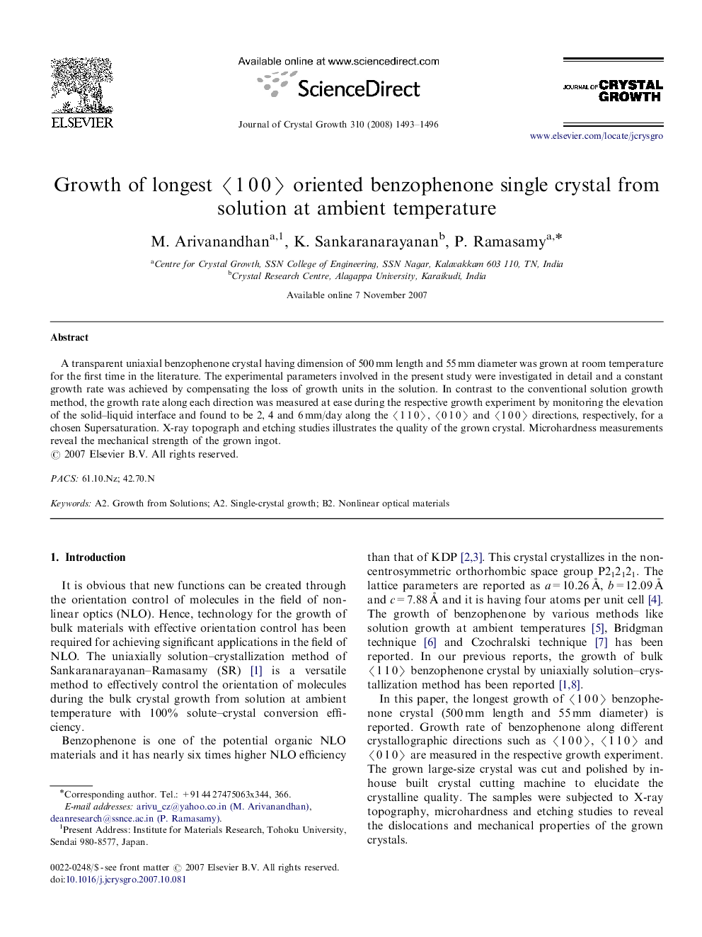 Growth of longest 〈1 0 0〉 oriented benzophenone single crystal from solution at ambient temperature